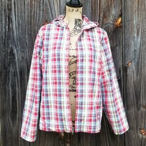 VTG Y2K Red Plaid Jacket Eddie Bauer Size M Hooded Zip Front Vintage 90s Med
